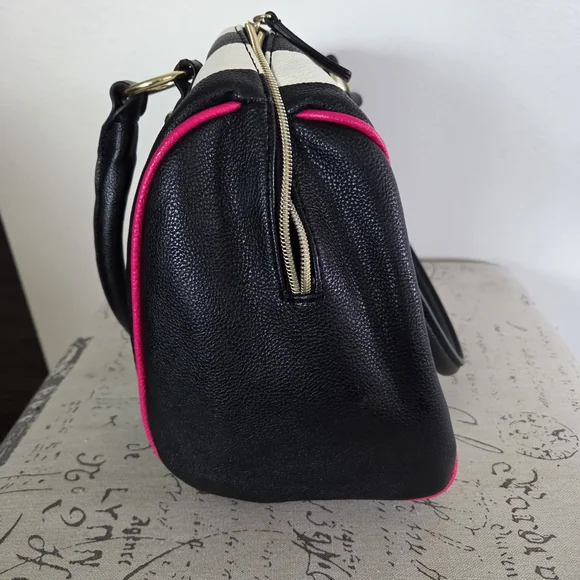SOLD Betsey Johnson Black and White Striped Satchel w/Pink Accents - Picture 9 of 14